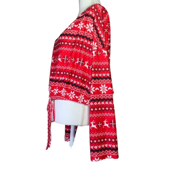 Christmas Crop Top Holiday Tee Blouse Shirt Long Sleeve Stretchy Red White 1XL - Picture 5 of 16